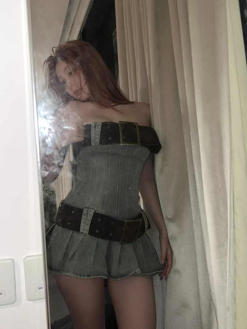 American hot girl sexy retro denim tube top dress female 2023 summer new waist slim skirt trend