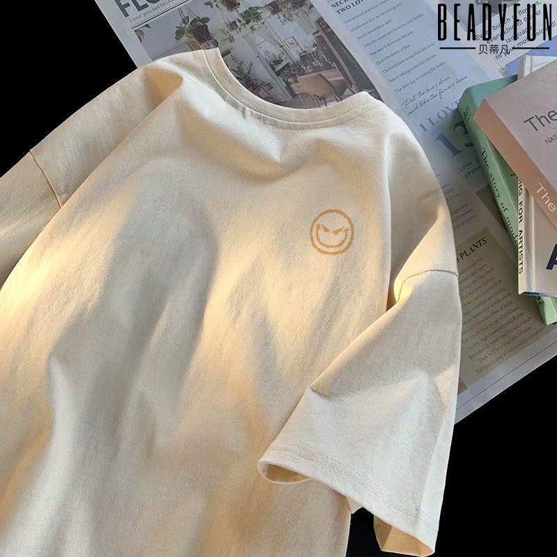 BEADYFUN 2023夏季圓領短袖t恤男女同款五分袖體恤港風休閒打底衫