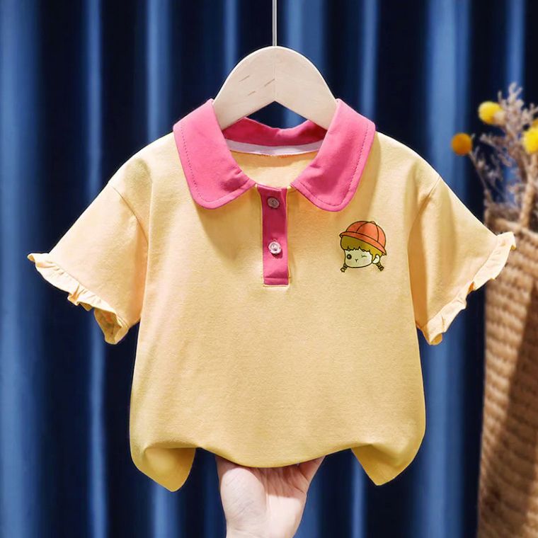 儿童纯棉薄款t恤2023夏季新款女童宝宝泡泡袖polo领上衣打底衫