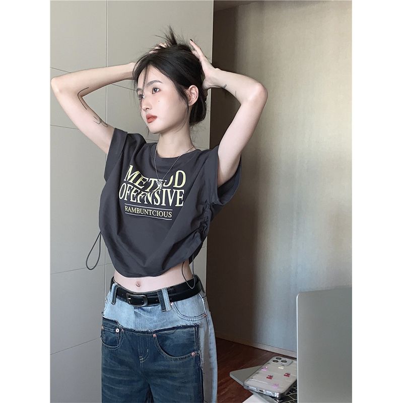 American retro right-shoulder short-sleeved T-shirt for women in summer, waist-cinching short style, navel-baring hem drawstring, slimming sweet hot girl top