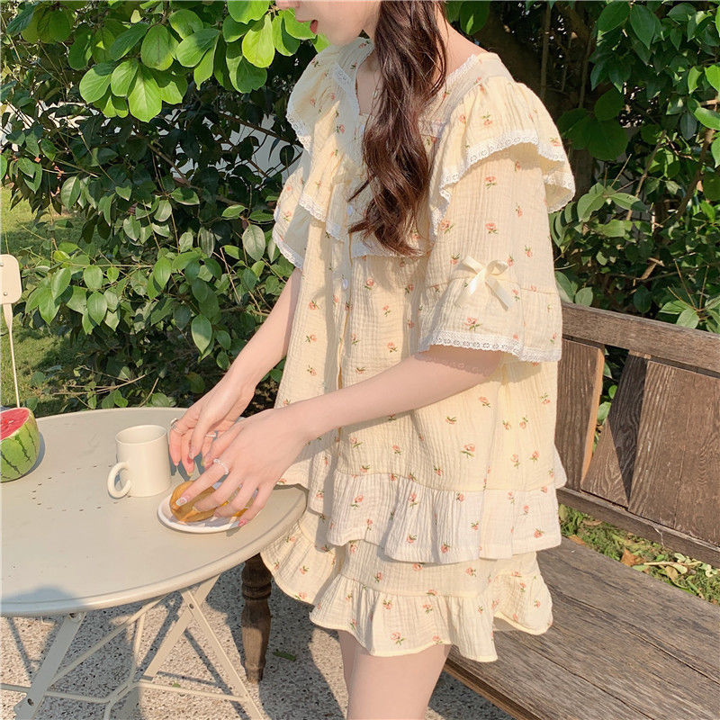 Pajamas women's summer new Japanese girl floral short-sleeved shorts suit lace lace thin section home service suit