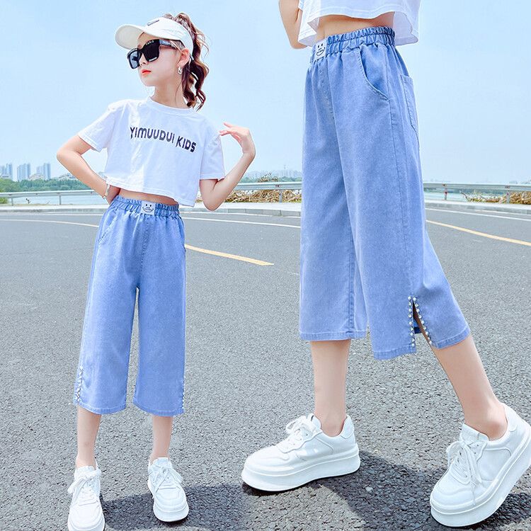女童七分褲夏季薄款中大童闊腿褲子女孩夏裝中褲兒童天絲牛仔褲新