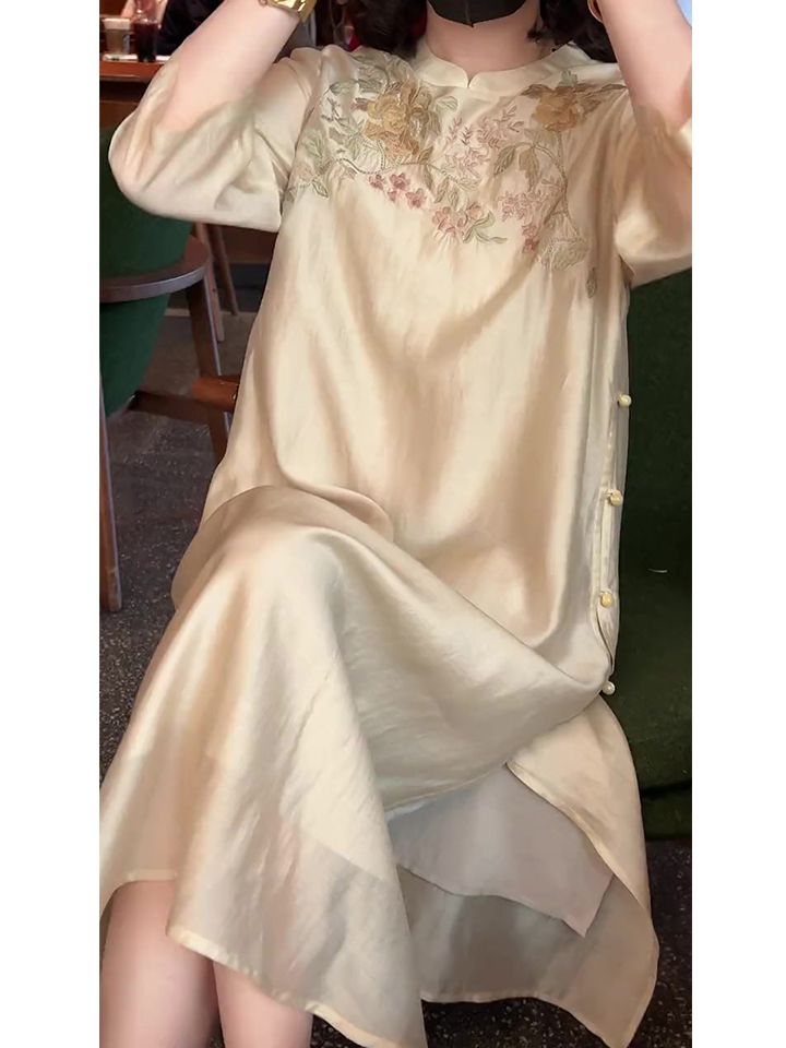 中國風刺繡改良旗袍長裙女春夏季新款高端復古寬鬆顯瘦氣質連衣裙