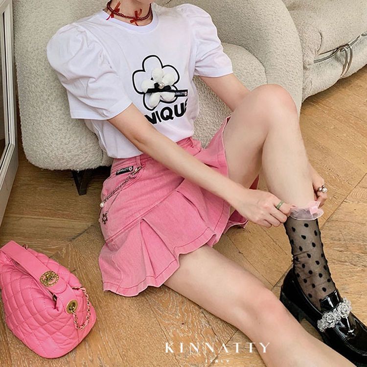 Pink sweet hot girl denim short skirt female summer new large size fat mm high waist slimming anti-light package hip pleated skirt