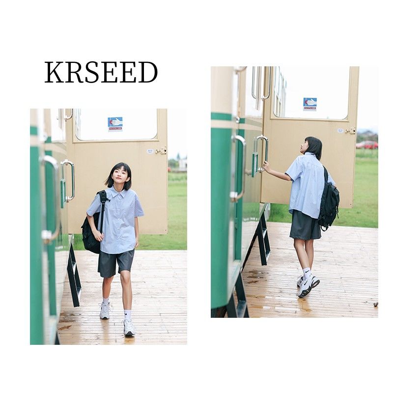 KRSEED【短袖福利款】蓝衬衫女夏季短袖学院风小个子内搭宽松衬衣