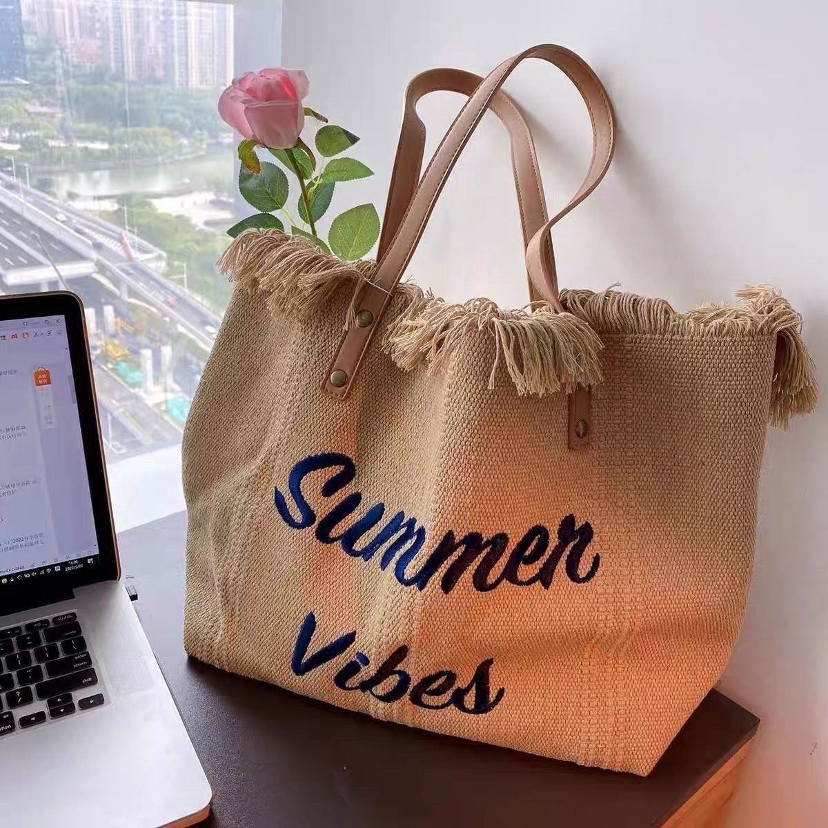 2023 Summer New Tassel Woven Canvas Embroidered Letter Bag Large Capacity Tote Shoulder Bag Universal Women's Bag