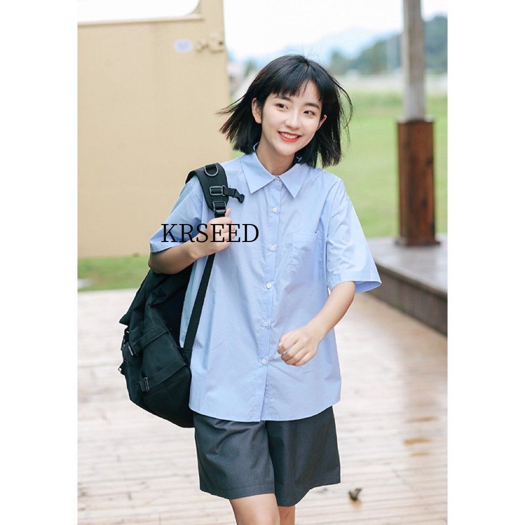 KRSEED【短袖福利款】蓝衬衫女夏季短袖学院风小个子内搭宽松衬衣