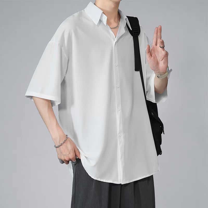 Ice silk shirt men's short-sleeved shirt summer jacket ins trendy all-match light luxury non-iron mid-sleeve advanced thin half-sleeve