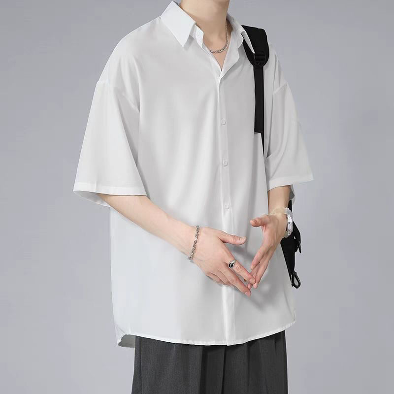 Ice silk shirt men's short-sleeved shirt summer jacket ins trendy all-match light luxury non-iron mid-sleeve advanced thin half-sleeve