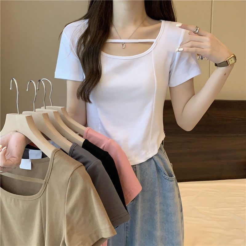 Short-sleeved t-shirt women's short section ins cover meat new square collar fish bone self-cultivation slim fit minority front shoulder hot girl top clothes