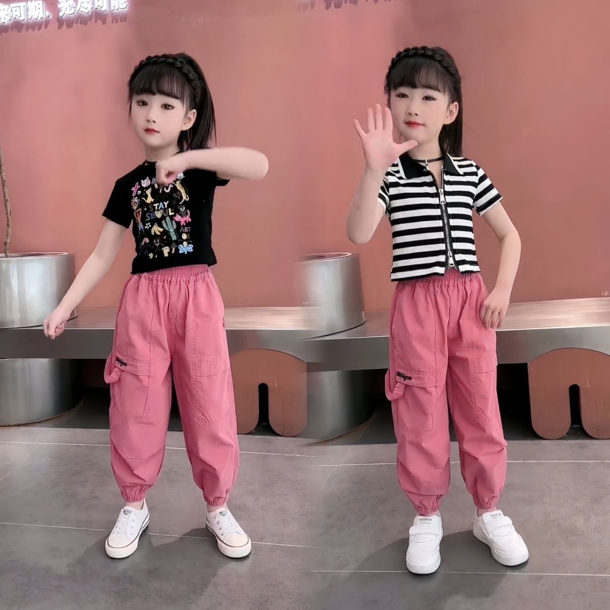 女童夏季网红炸街工装裤儿童休闲爆款大童短袖时髦洋气两件套潮款