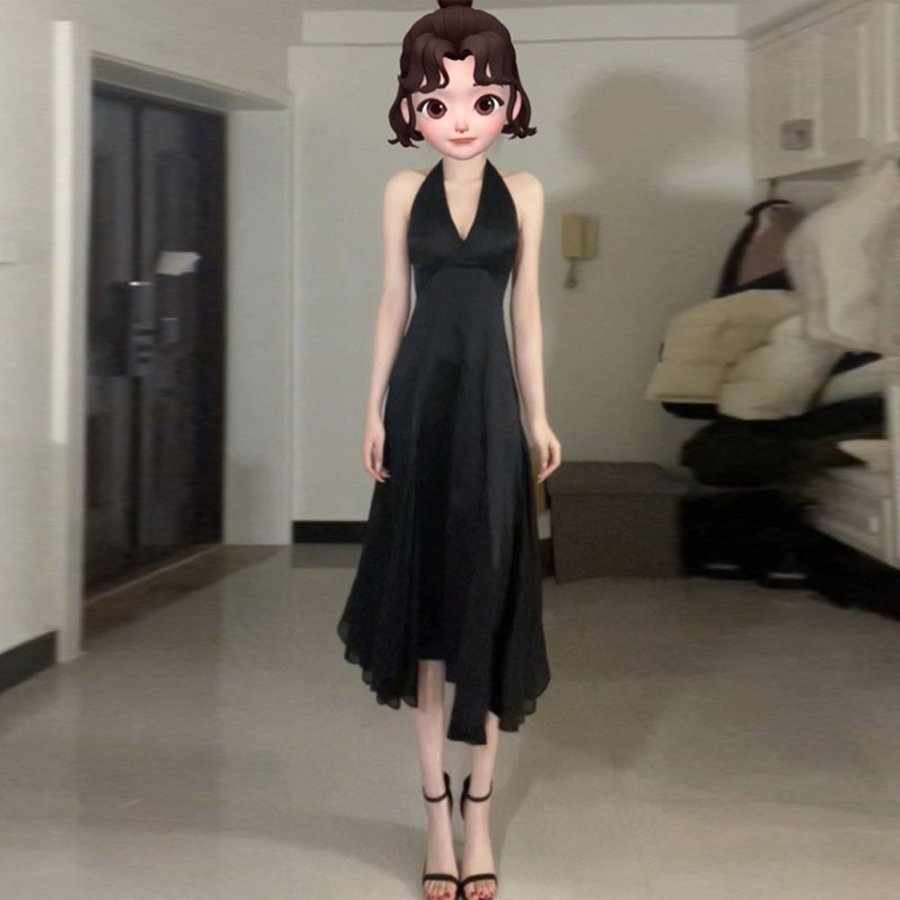 【現貨秒發】赫本風黑裙party禮服高級感名媛氣質性感掛脖連衣裙