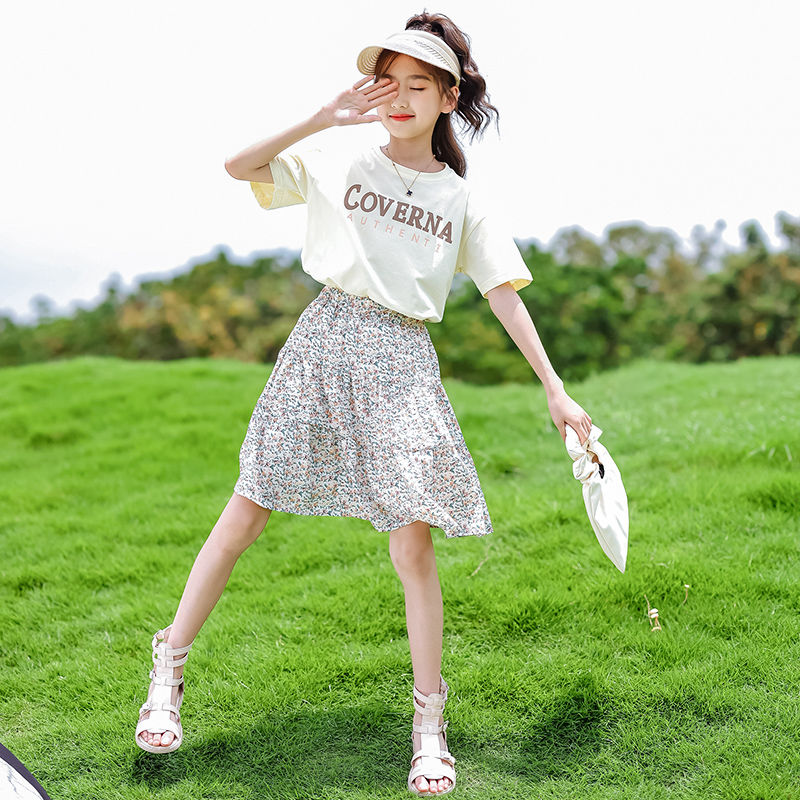 女童夏季春夏装韩版高腰法式短袖T恤半身裙子洋气拼接外穿女