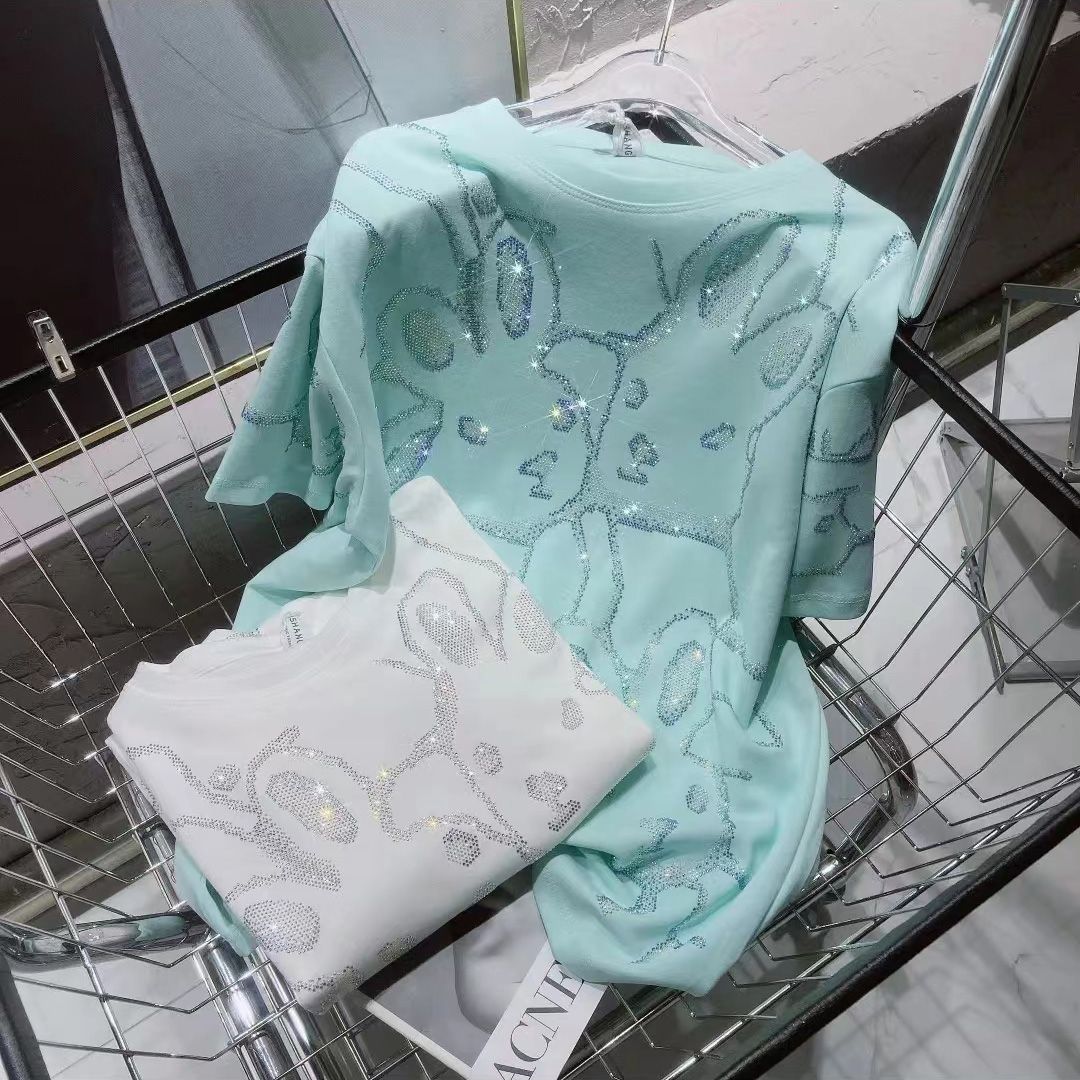 European station heavy industry hot drill rabbit T-shirt women's summer new design sense high quality loose round neck short-sleeved top