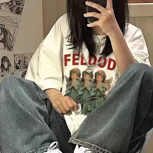 100% cotton street hip-hop printed short-sleeved t-shirt women's summer loose oversize couple top clothes ins tide