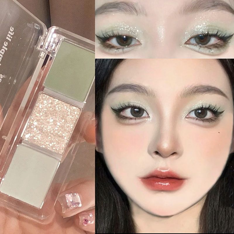 清透初戀少女妝~新款薄荷綠三色眼影盤低飽和珠光啞細閃清透眼妝