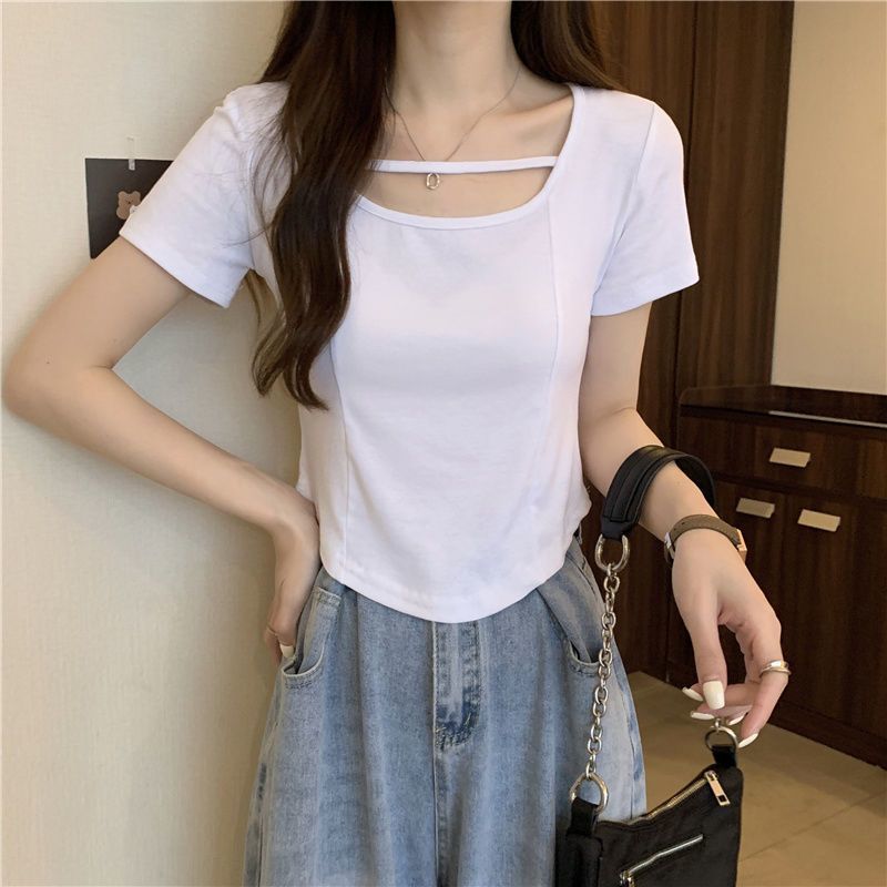 Pure desire wind irregular t-shirt women's short-sleeved wild half-sleeved suspenders wear short tops bottoming square collar summer ins