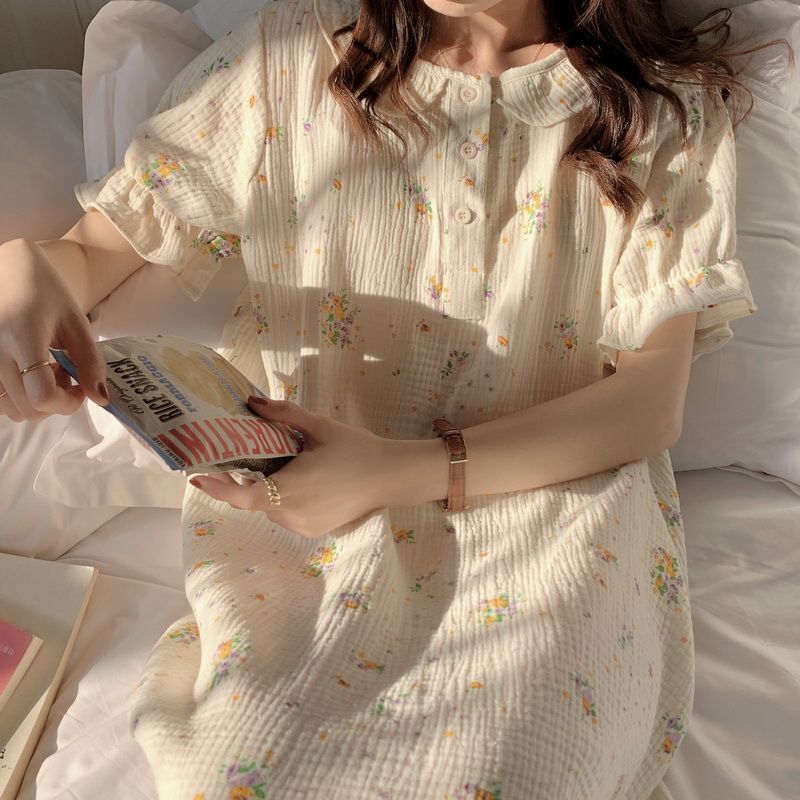 Ins wind nightdress women's summer mid-length thin section baby cotton sense mesh sweet summer pajamas skirt home service