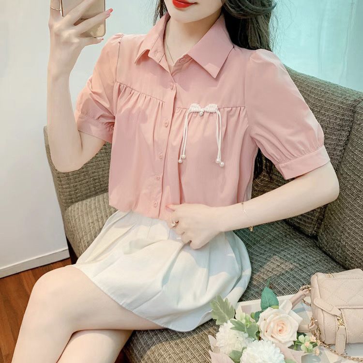 Korean version temperament summer new new Chinese style chest bow button large size slimming all-match solid color shirt top