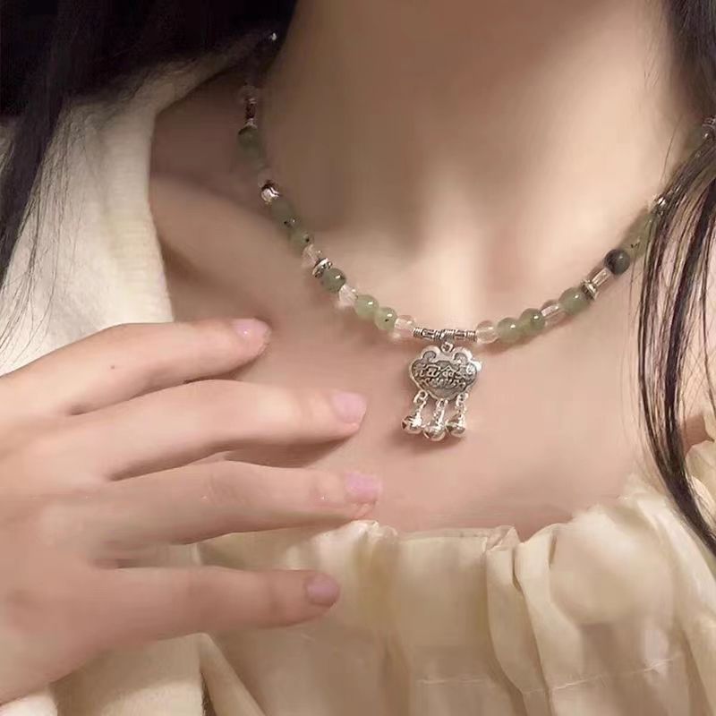 新中式平安锁铃铛串珠项链女小众设计感民族风复古装饰锁骨链配饰
