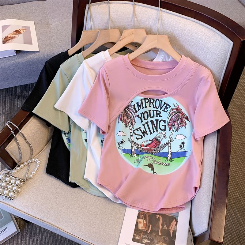 Summer clothes new fat mm large size age reduction design sense of thin printed T-shirt front shoulder short-sleeved top female 200 catties 300