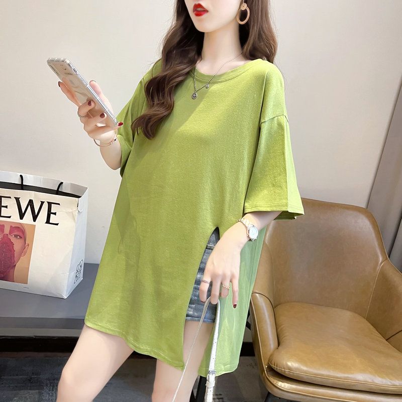 Net red short-sleeved t-shirt women's summer large size loose mid-length irregular slit solid color top 2-300 catties fat mm