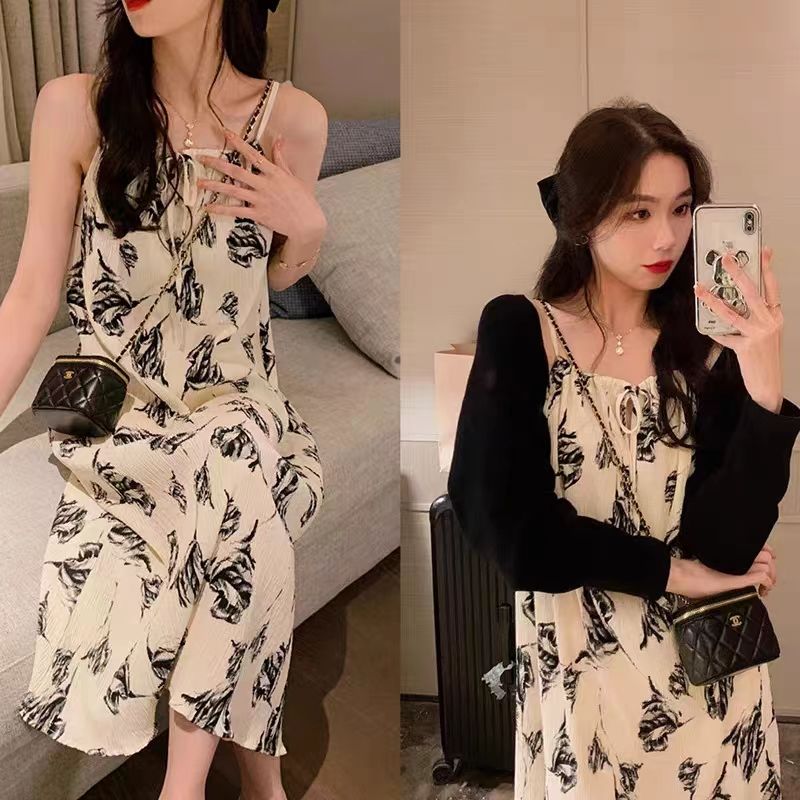 水墨印花吊帶連衣裙女設計感夏季法式溫柔氣質海邊度假長裙套裝