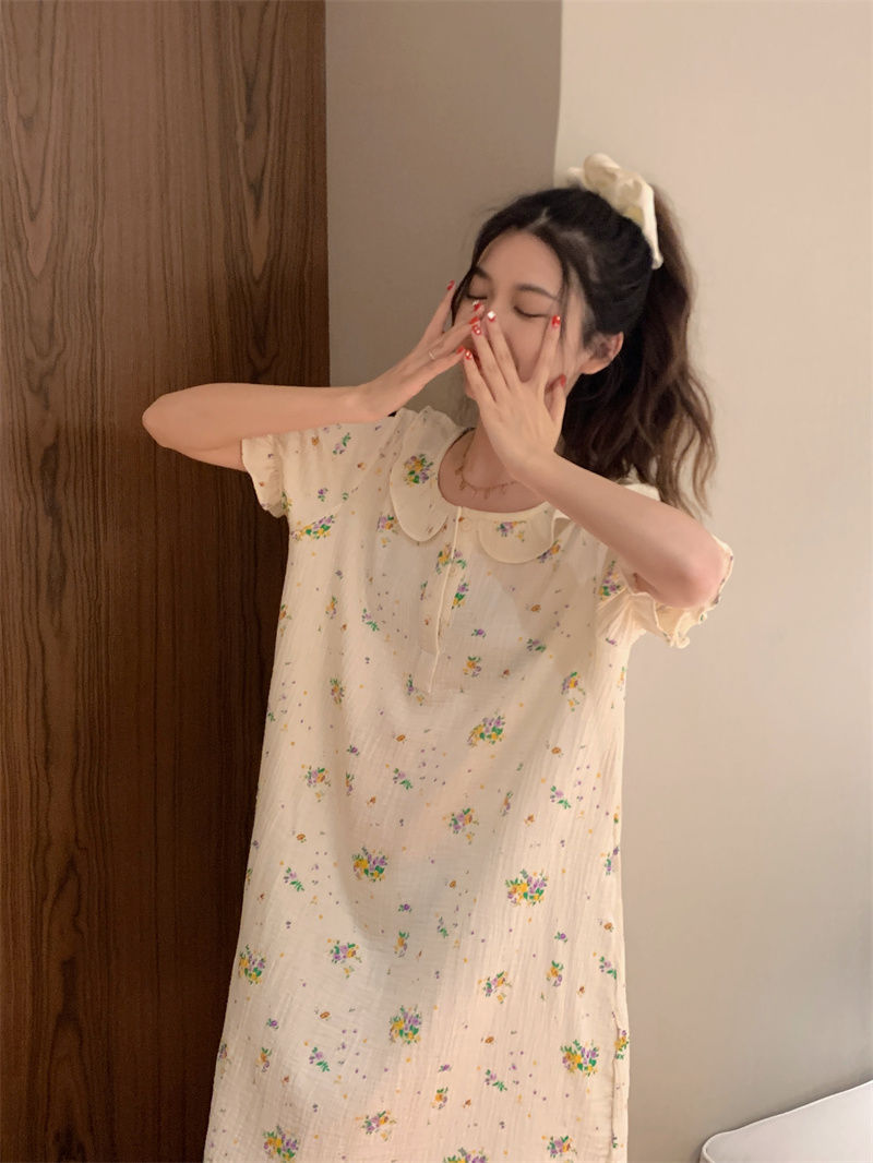 Ins style summer nightdress women's mid-length baby cotton comfortable mesh new summer pajamas skirt home service