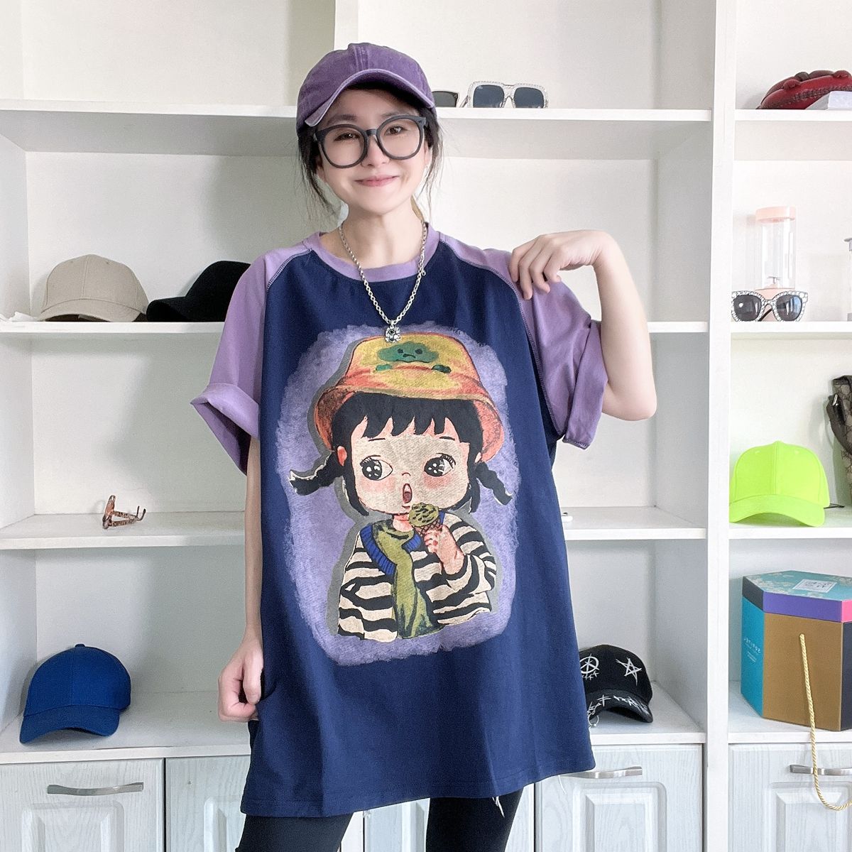 歐貨夏季新款胖mm寬鬆中長款減齡大碼拼色短袖T恤女上衣200斤300