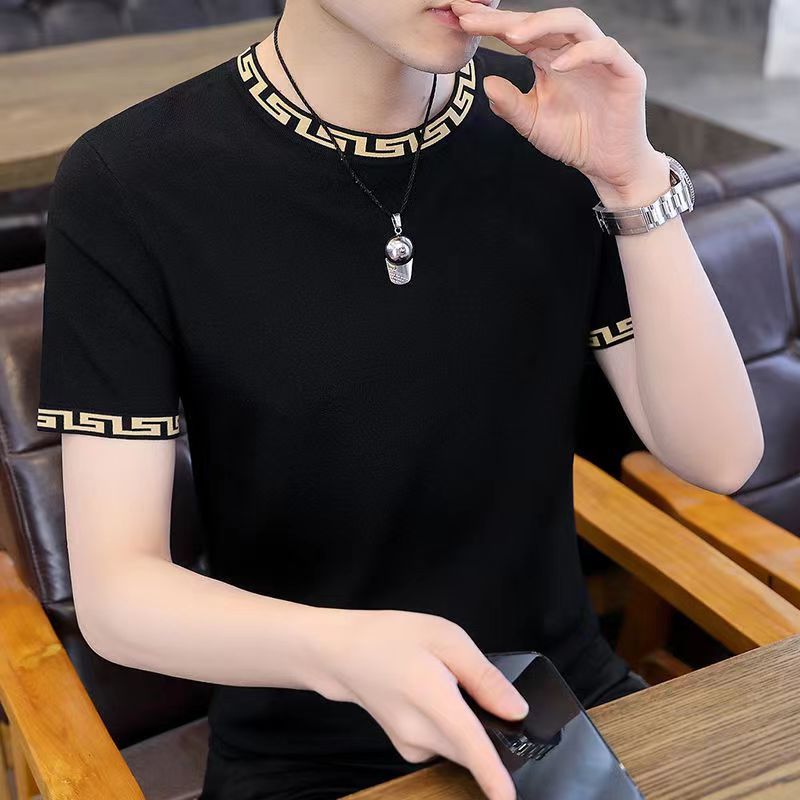 新款高檔圓領t恤男士短袖夏季薄款修身中青年大碼潮流百搭上衣服