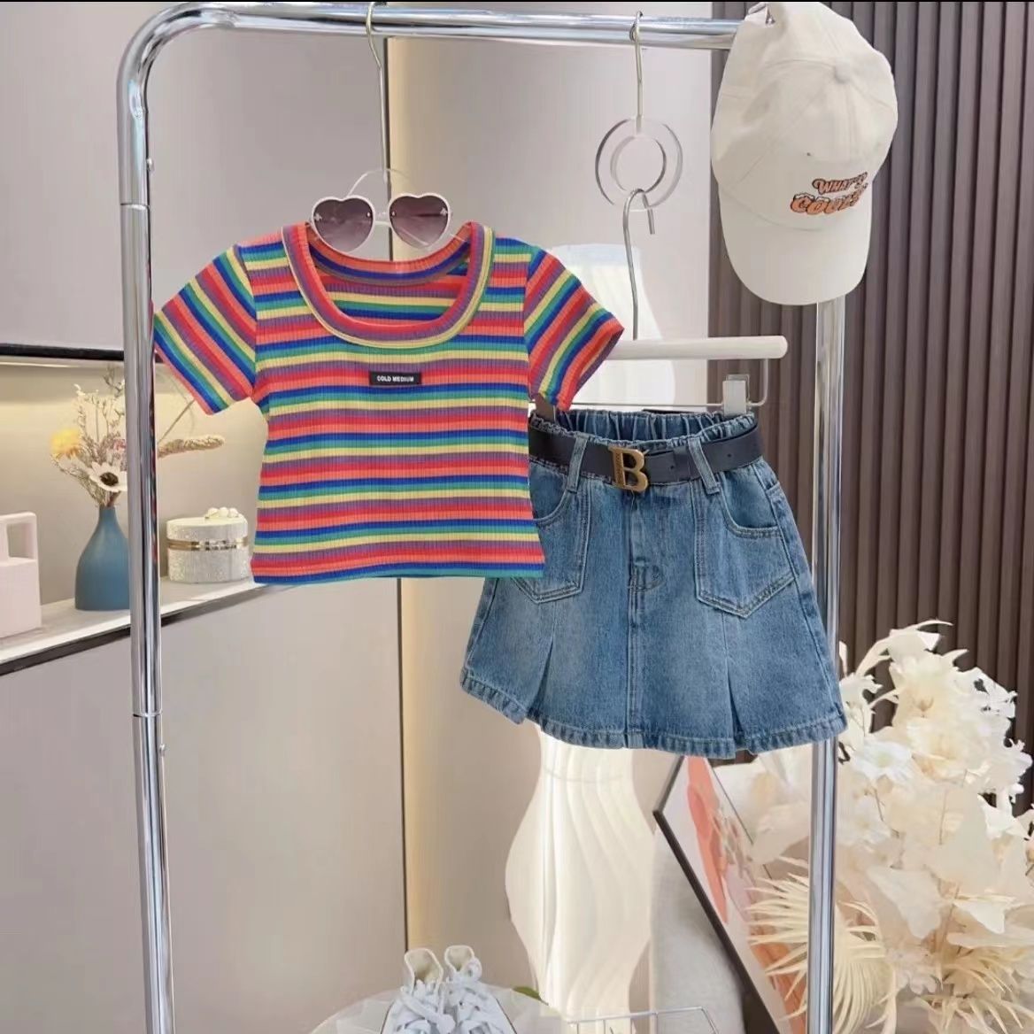 女童夏季套装新款彩虹条纹短袖T恤网红时髦休闲韩版牛仔裙两件套