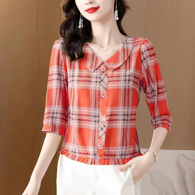 Thin loose shirt 2023 summer new style doll collar plaid three-quarter sleeve women's style shirt noble and fashionable