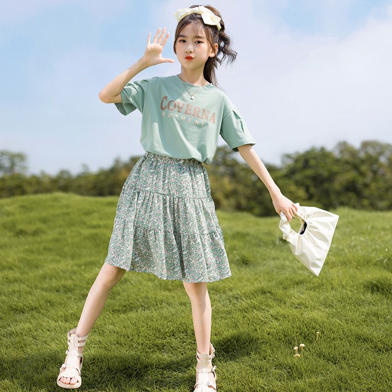 女童夏季春夏装韩版高腰法式短袖T恤半身裙子洋气拼接外穿女