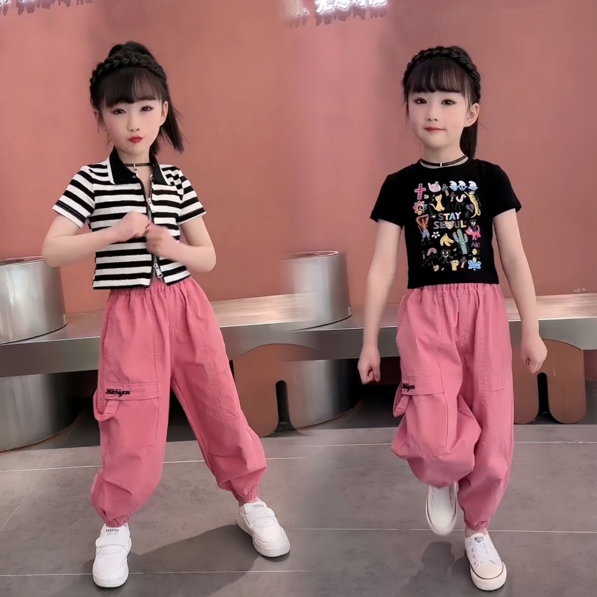 女童夏季网红炸街工装裤儿童休闲爆款大童短袖时髦洋气两件套潮款