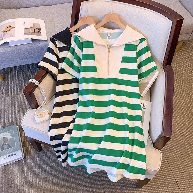 Plus size women's navy collar striped dress women's summer fat mm letter printing age-reducing skirt 2-300 catties tide