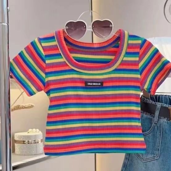 女童夏季套装新款彩虹条纹短袖T恤网红时髦休闲韩版牛仔裙两件套