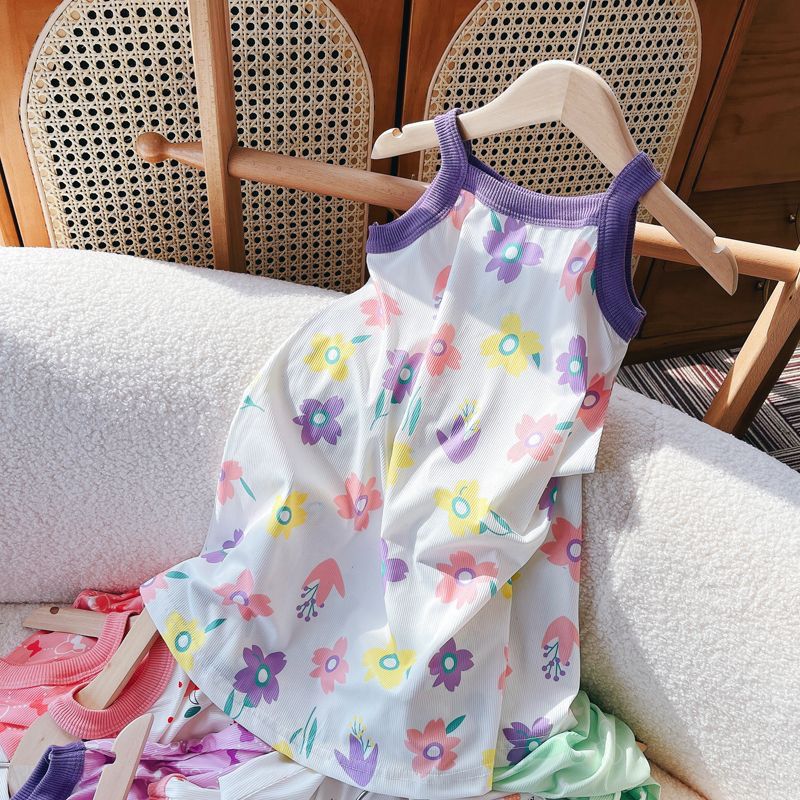 儿童睡衣夏季新品吊带连衣裙儿童碎花公主裙女童冰丝套装宝宝新款