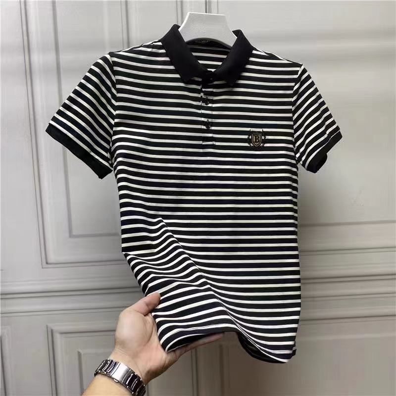 Polo masculina com bordado e riscas ajuste slim top_voghion.com