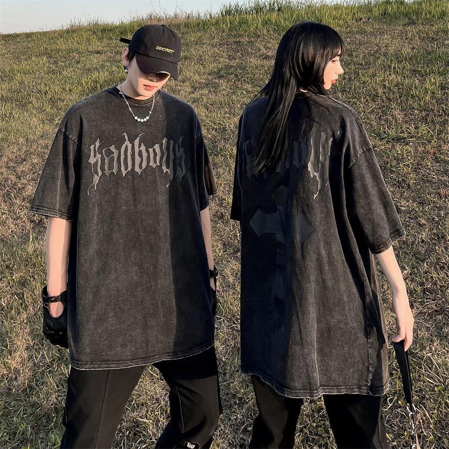 High street retro washed distressed cross print large size short-sleeved T-shirt for men and women oversize loose couple tops