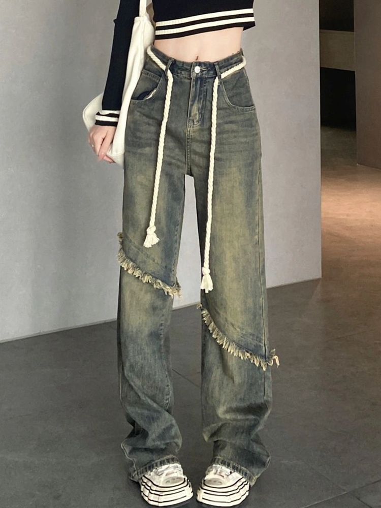 American high street vibe straight jeans women's retro washed old design sense raw edge loose wide leg mopping pants