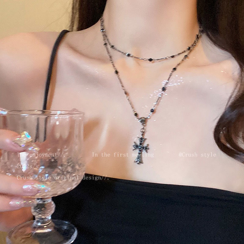 Dark zircon cross beaded necklace women's summer long double-layer stacked neck chain ins style versatile clavicle chain