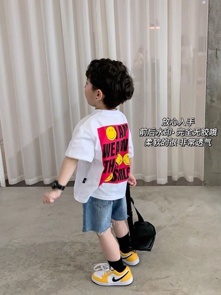 Children's T-shirt summer tops 2023 Korean version of the new boys' pure cotton smiley print short-sleeved summer clothes for big children T-shirts