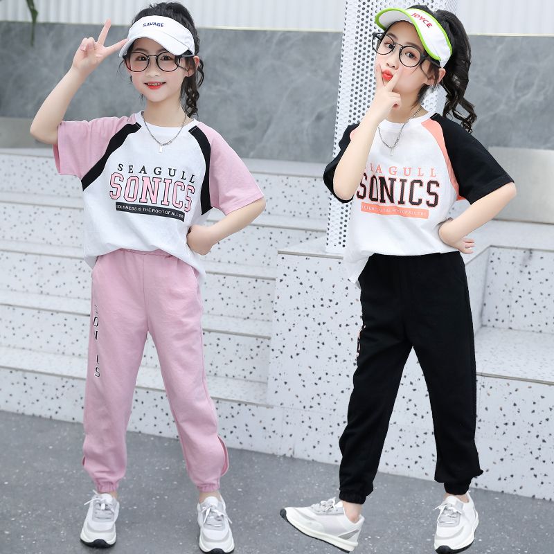 女童短袖套裝2023新款夏裝洋氣網紅中大童時髦女孩運動夏季兩件套