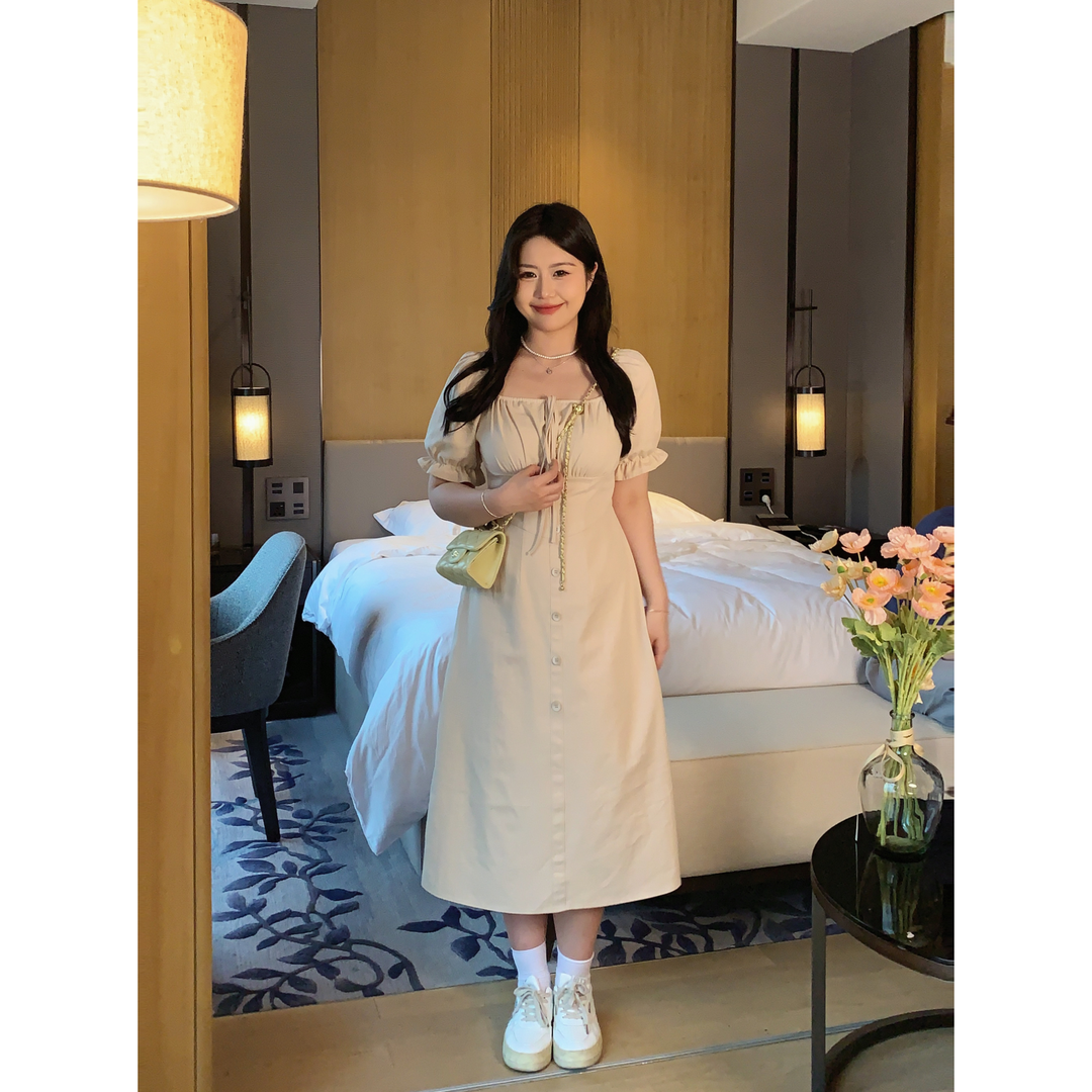 Fat MM custom [cocoa beauty] coffee color thin A-line long dress dress with tie sweet dress