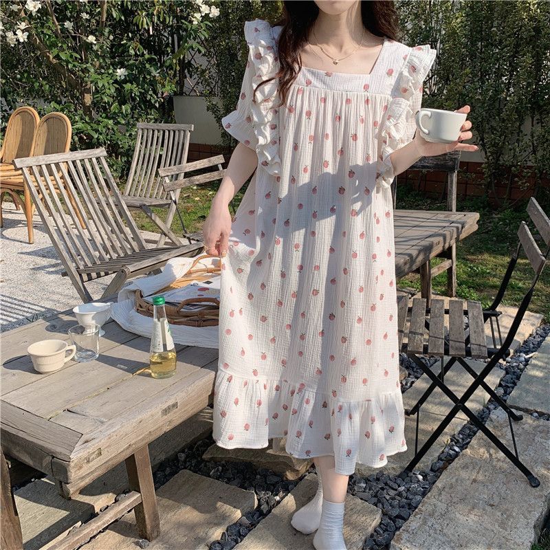 New baby cotton feeling thin section summer nightdress women's summer mid-length loose net red pajamas skirt home dress skirt
