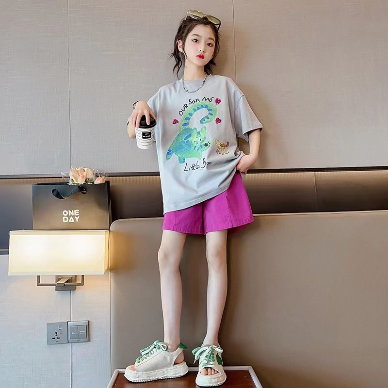 Girls summer new suit children's loose printed short-sleeved two-piece fashion girl foreign style big children's clothes