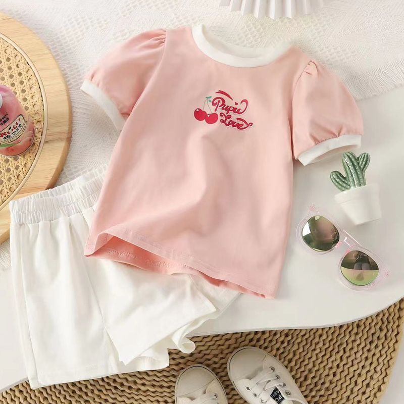Girls summer suit pure cotton bubble short-sleeved T-shirt foreign style children's fashionable children's culottes sports two-piece set