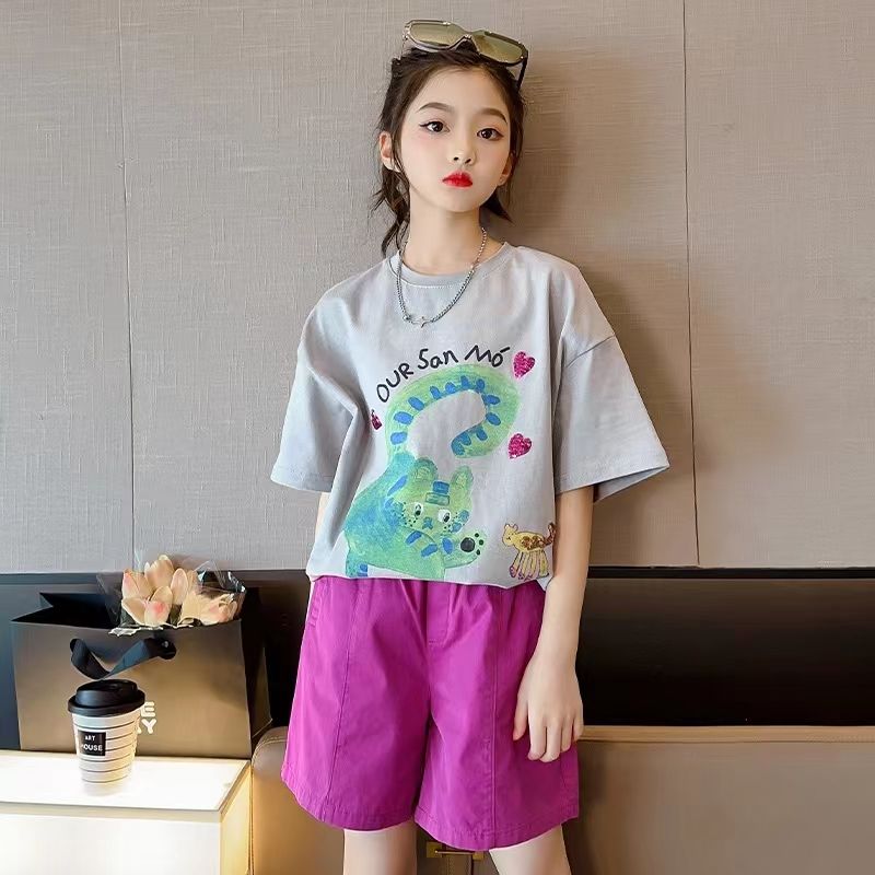 Girls summer new suit children's loose printed short-sleeved two-piece fashion girl foreign style big children's clothes