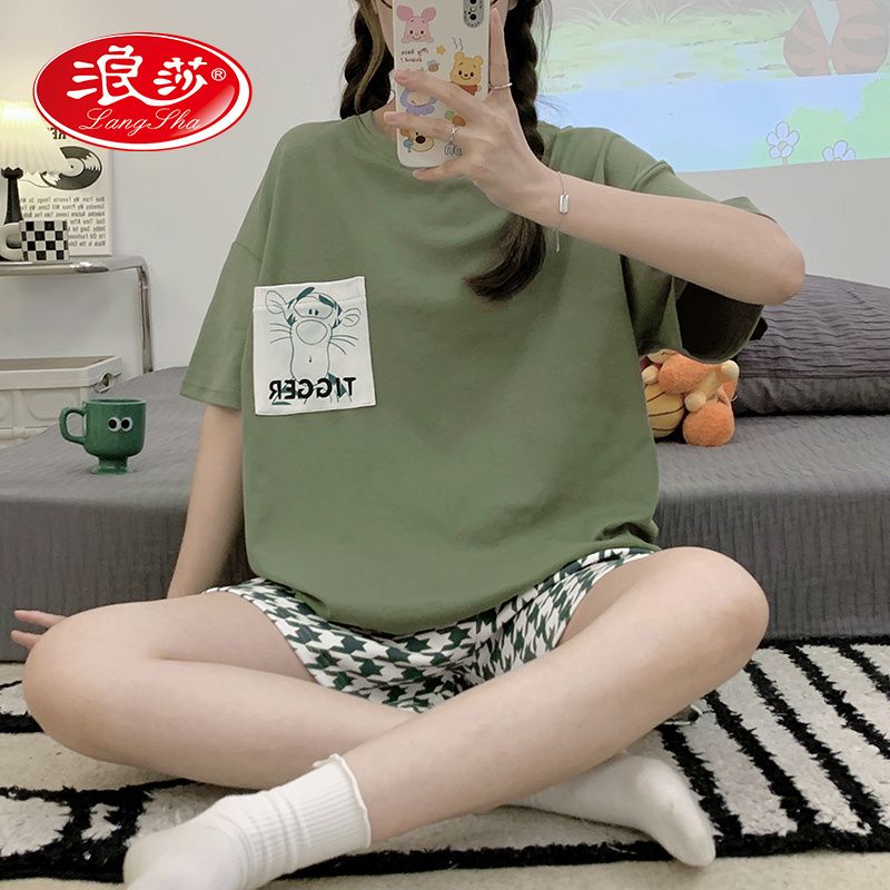 Langsha pure cotton pajamas women's summer short-sleeved shorts thin section summer girl ins style latest home service suit
