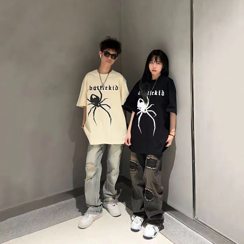 100% cotton American retro spider print t-shirt men and women loose casual couple trendy brand short-sleeved top ins
